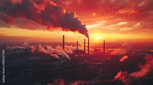 Industrial landscape with smokestacks emitting pollution at sunset