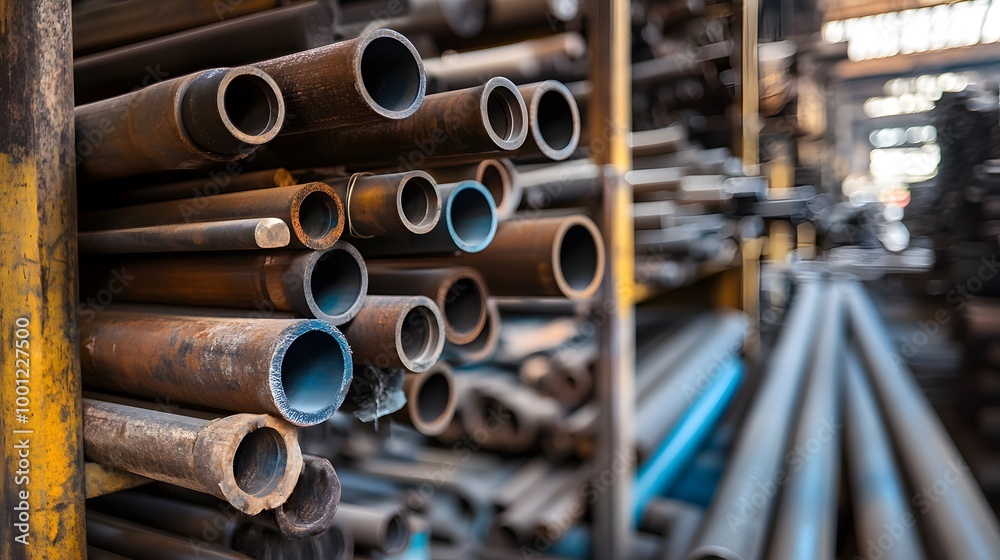 A pile of rusty pipes stacked on top of each other. Scene is somewhat bleak and industrial A pile of rusty pipes stacked on top of each other. Scene is somewhat bleak and industrial