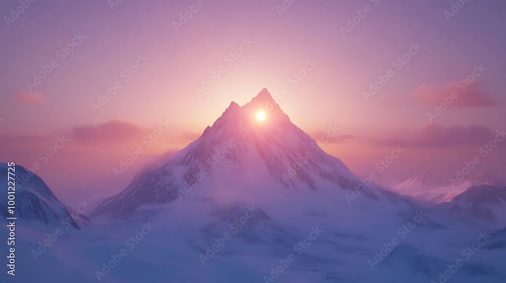 A snow-capped mountain peak at sunset, bathed in warm pink and purple light. A snow-capped mountain peak at sunset, bathed in warm pink and purple light.