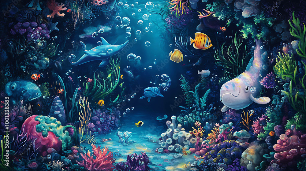 An illustration of a vibrant underwater scene with colorful fish, coral, and bubbles. An illustration of a vibrant underwater scene with colorful fish, coral, and bubbles.