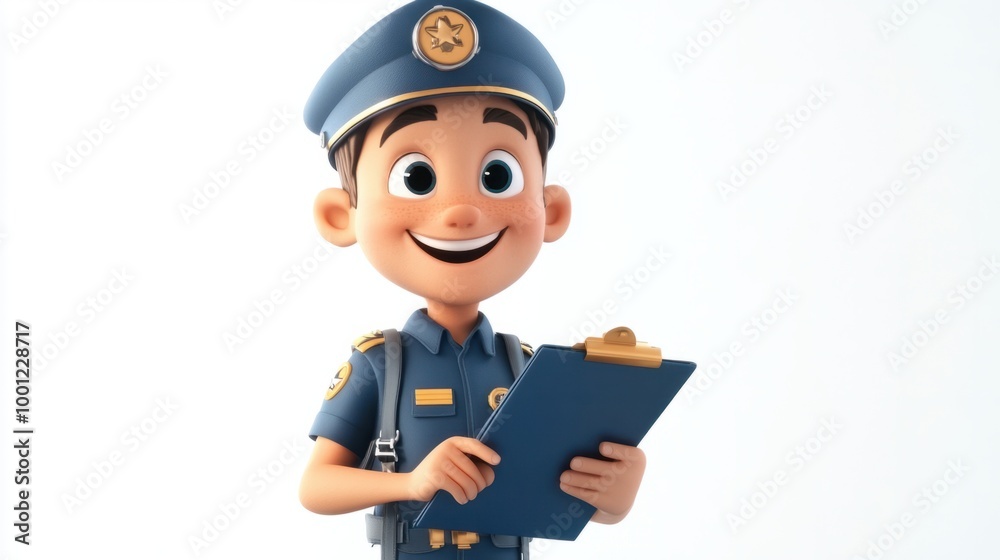 Fototapeta premium Adorable pilot with a captain's hat, holding a clipboard and smiling brightly, isolated on a clean white background.