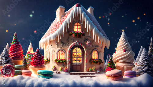 クリスマス、お菓子の家、ケーキ、スイーツ、クリスマスパーティー、サンタクロースの家、メリークリスマスで夜空 