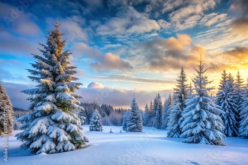 Serene winter landscape featuring a blanket of snow-covered evergreen trees standing tall amidst a gentle flurry, set