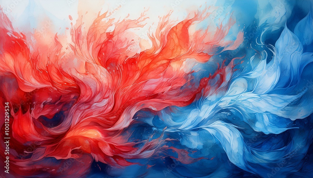 Red and blue watercolor depiction of contrasting hot and cold flames, illustrating the interplay of fiery warmth and icy coolness Red and blue watercolor depiction of contrasting hot and cold flames, illustrating the interplay of fiery warmth and icy coolness