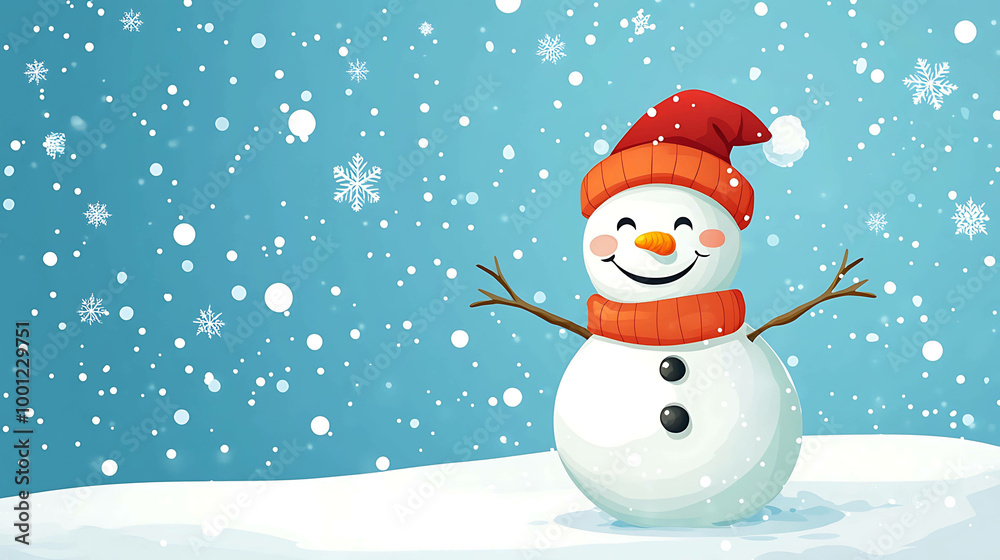 Smiling snowman with red hat and scarf in a wintery scene. Smiling snowman with red hat and scarf in a wintery scene.