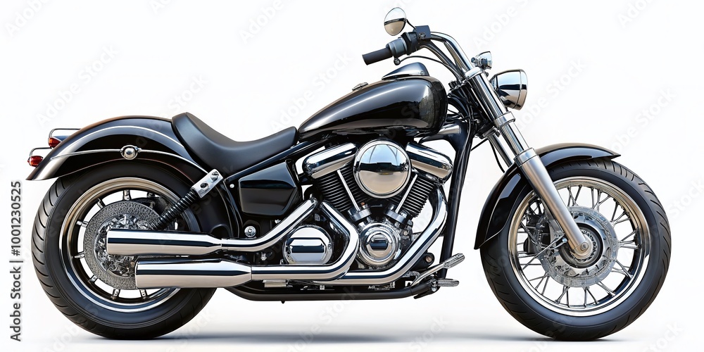 Sleek black motorcycle with gleaming chrome pipes and bold, curved lines, isolated on a transparent background, evoking Sleek black motorcycle with gleaming chrome pipes and bold, curved lines, isolated on a transparent background, evoking