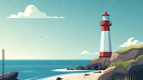 A red and white lighthouse stands tall on a rocky cliff overlooking a calm blue ocean.