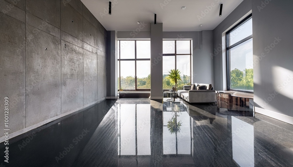 The modern interior design of an apartment, home, or office features bright contemporary elements, window light, and a concrete wall and floor with reflection