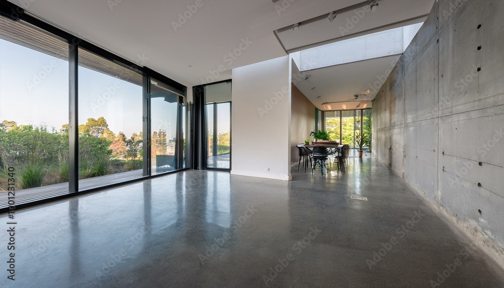 The modern interior design of an apartment, home, or office features bright contemporary elements, window light, and a concrete wall and floor with reflection The modern interior design of an apartment, home, or office features bright contemporary elements, window light, and a concrete wall and floor with reflection