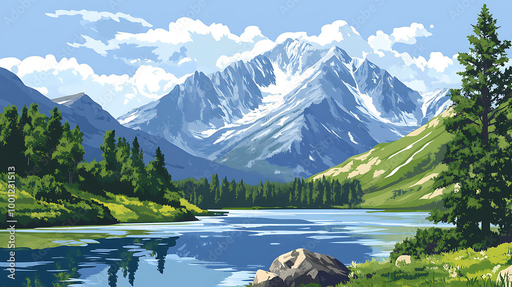A picturesque scene of a lake, forest, and snow-capped mountain range. A picturesque scene of a lake, forest, and snow-capped mountain range.