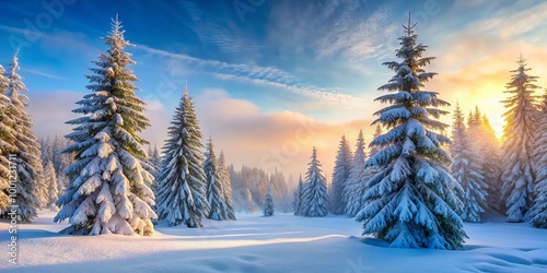 Snow-covered evergreen trees stand tall amidst frosty mist in a serene winter wonderland, with delicate snowflakes