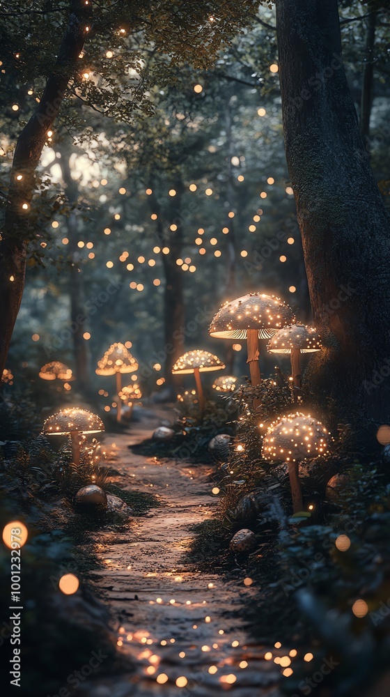 Obraz premium A magical forest path lined with glowing mushrooms and twinkling fairy lights.