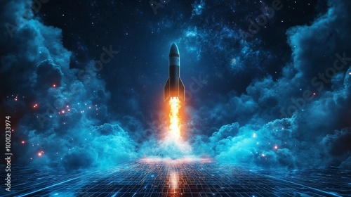 A futuristic rocket launches amid vibrant blue clouds and a digital landscape, symbolizing innovation and space exploration.