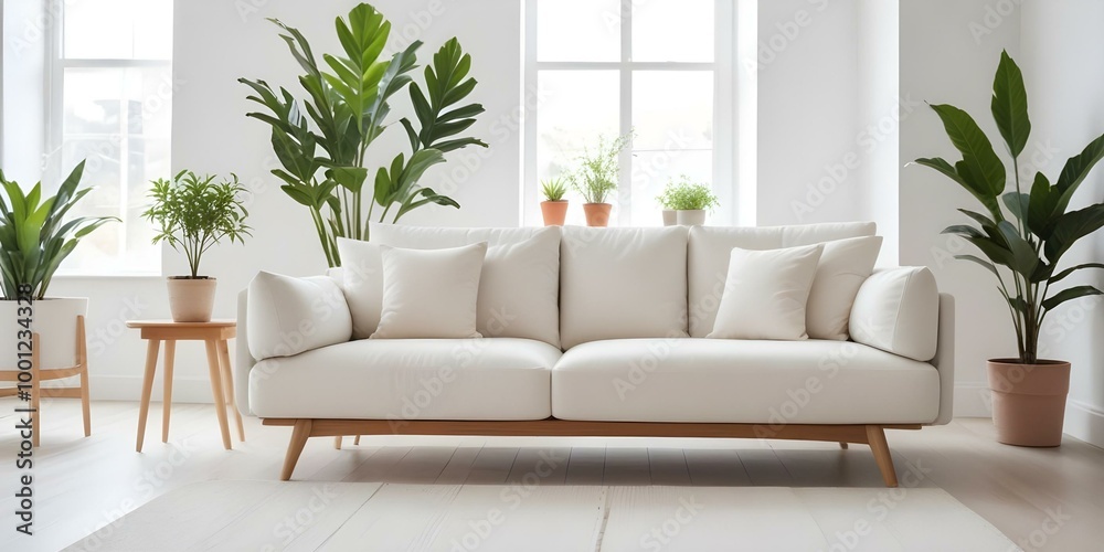 Fototapeta premium A modern, minimalist white sofa in a bright, airy room with a potted plant in the background.