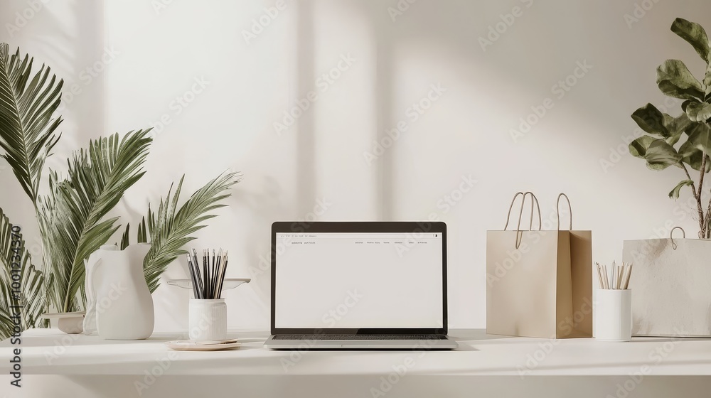 Obraz premium A modern workspace featuring a laptop, plants, and decorative items, creating a serene and organized aesthetic.