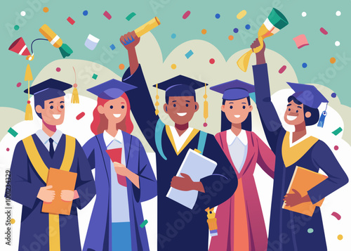 Illustration of a diverse group of graduates, dressed in their graduation attire, posing with their diplomas and caps amidst confetti, representing academic accomplishment and celebration. 