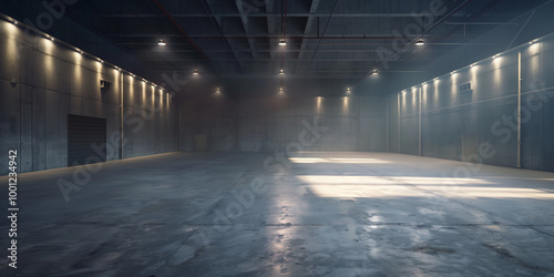 Black light empty stage hangar room background. Dark abstract studio barn scene for product display. Stage desk with big white windows