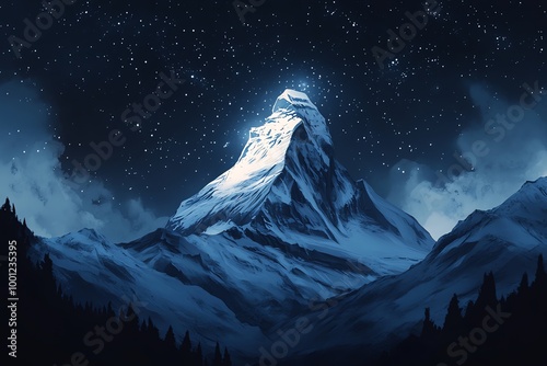 A majestic, snow-capped mountain peak stands tall under a starry night sky.