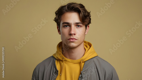 Young Caucasian man in front of yellow background. He looks tired and serious. 