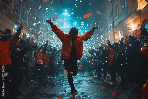 A man in a red jacket dances in the middle of a crowd as confetti falls around him. photo