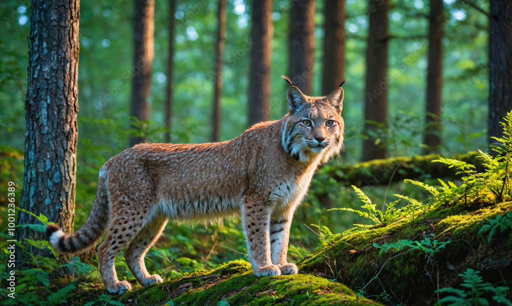 A lynx stands alert in a lush forest, its fur blending with the mossy green surroundings A lynx stands alert in a lush forest, its fur blending with the mossy green surroundings