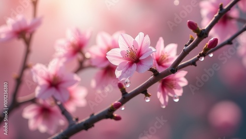 Generative AI, a branch with pink flowers and water drops hanging from it's branches, with a pink background and a pink sky, flowers, a picture, art photography 