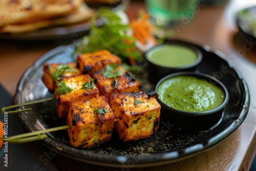 Sizzling Paneer Tikka with Green Chutney - Flavorful Indian Vegetarian Dish, Perfect Appetizer