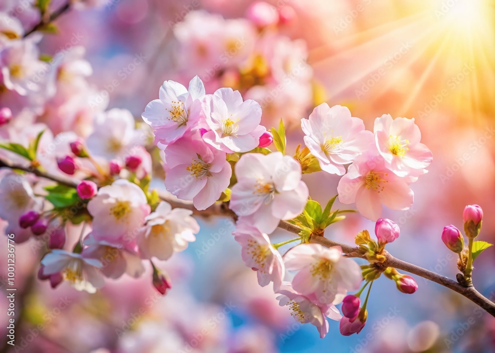 Soft focus pink and white cherry blossom flowers bloom against a blurred warm sunny day background, creating a Soft focus pink and white cherry blossom flowers bloom against a blurred warm sunny day background, creating a