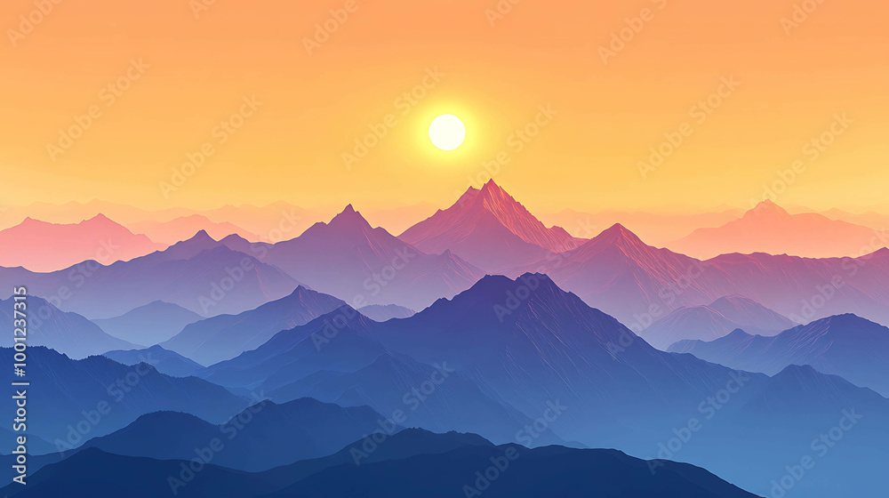 A beautiful mountain range at sunset, with the sun shining brightly in the sky. A beautiful mountain range at sunset, with the sun shining brightly in the sky.