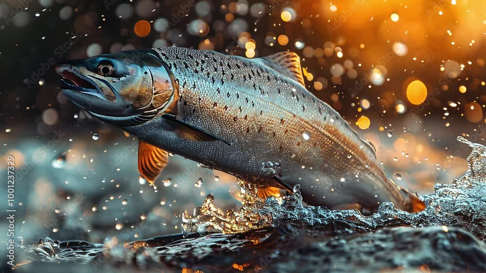 Salmon jumps exuberantly out of rapids during sunset. 3D animation video. High quality 4k footage Salmon jumps exuberantly out of rapids during sunset. 3D animation video. High quality 4k footage