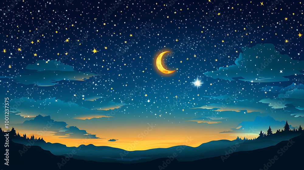 A night sky filled with stars and a crescent moon over a dark mountain range. A night sky filled with stars and a crescent moon over a dark mountain range.