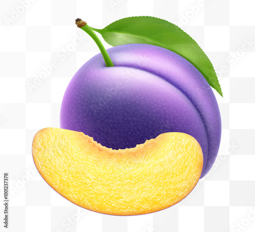 Ripe juicy purple plum isolated on transparent background. Whole and slice of plum. Delicious sweet fruit. Realistic 3d vector illustration. Summer design. Concept of healthy food, vegetarian dieting