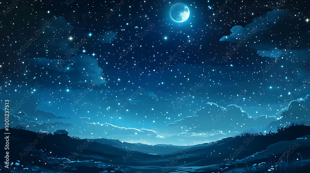 A starry night sky with a crescent moon, glowing in a dark blue sky. A starry night sky with a crescent moon, glowing in a dark blue sky.