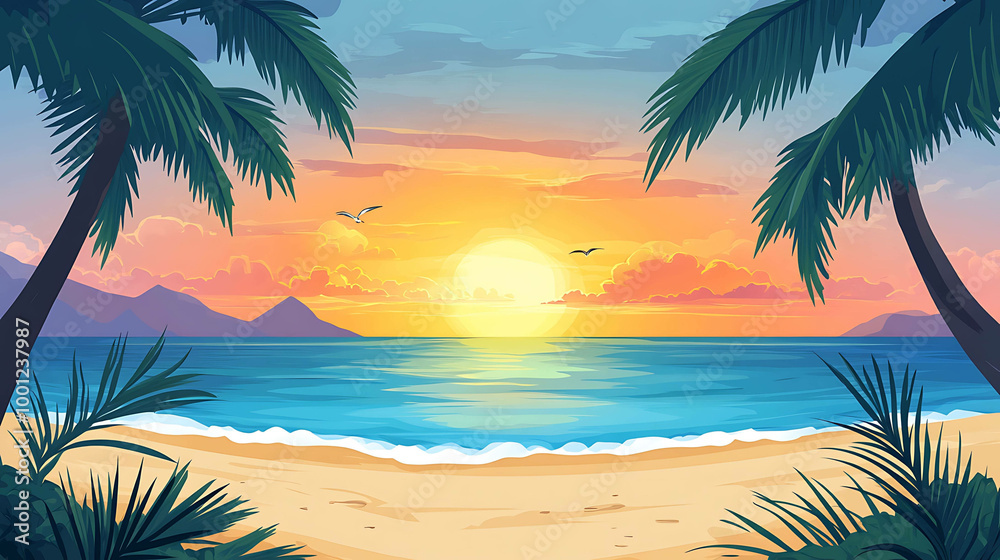 Tropical beach sunset with palm trees, ocean, and mountains. Tropical beach sunset with palm trees, ocean, and mountains.
