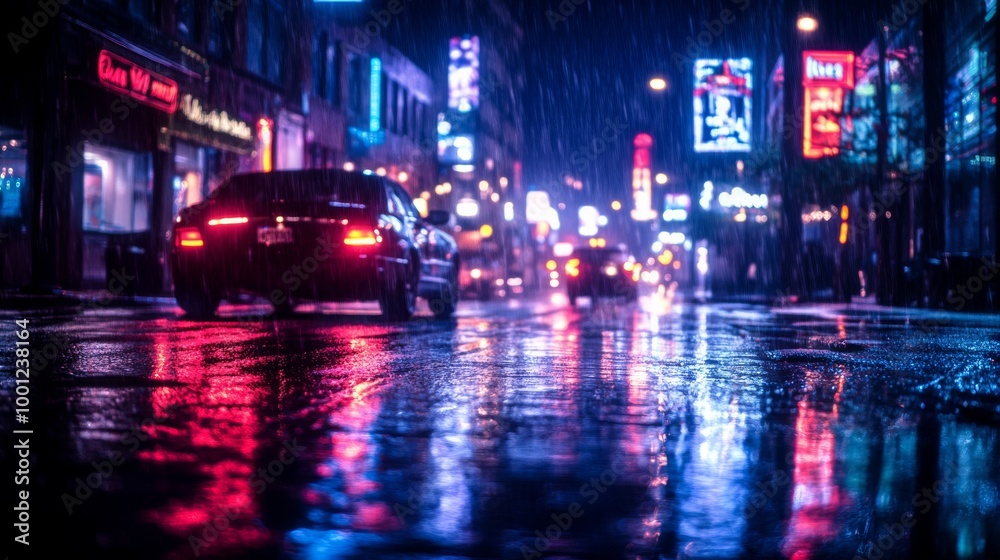 Obraz premium City Street at Night with Rain and Neon Lights