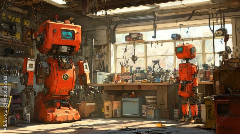 Fototapeta premium Robots in Workshop Setting with Tools and Equipment