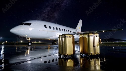 Wallpaper Mural Luxury private jet parked at night with two golden suitcases. Perfect for travel, business, and success themes.. AI Generation Torontodigital.ca