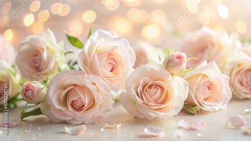 Softly blurred, delicate light pink roses scatter across a creamy white background, evoking a sense of serenity,