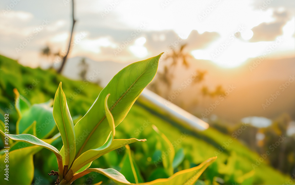 Close up leaves of the famous Ceylon tea on the hills of Sri Lanka during the golden hour during sunset. Close up leaves of the famous Ceylon tea on the hills of Sri Lanka during the golden hour during sunset.