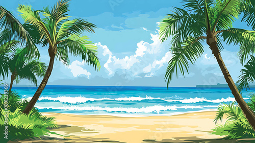 A tropical beach scene with palm trees, blue water, and white sand.