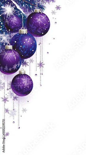 Magical Winter Wonderland Greeting Card with Vibrant Purple Christmas Ornaments on Snowy Background for Festive Holiday Text Space
