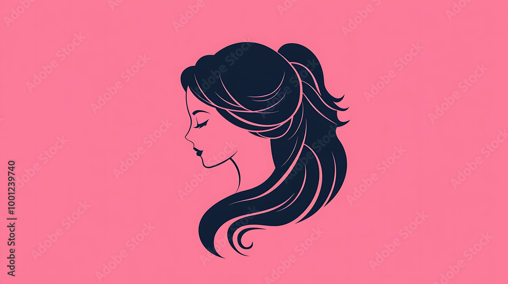 Silhouette of a woman with long flowing hair in a ponytail against a pink background. Silhouette of a woman with long flowing hair in a ponytail against a pink background.