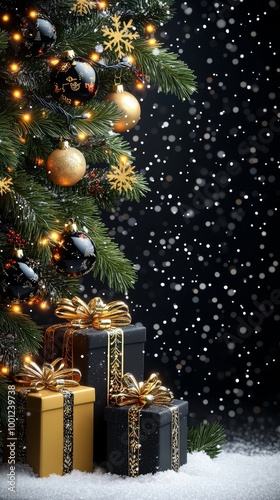 Glittering Gold Holiday Celebration on Festive Black Background with Gift Boxes and Snowflakes