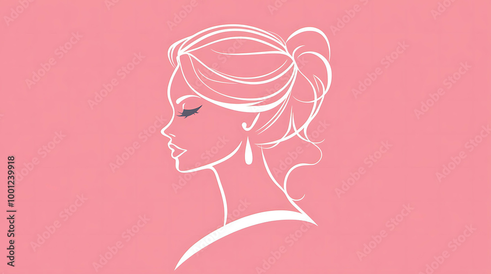 Minimalist line drawing of a woman's profile with hair up in a bun and earrings on a pink background. Minimalist line drawing of a woman's profile with hair up in a bun and earrings on a pink background.