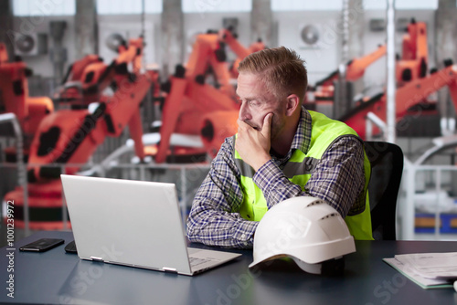 Man At Car Production Factory In Stress photo