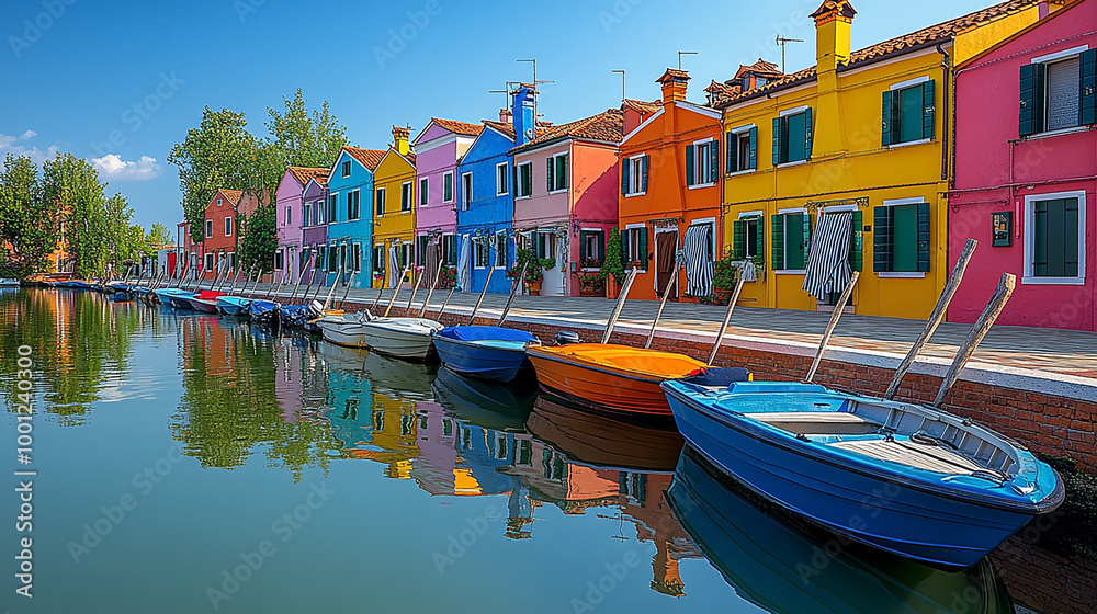 Obraz premium city building facade with colourful houses near the waterfront and colorful fishing boats decking near the buildings