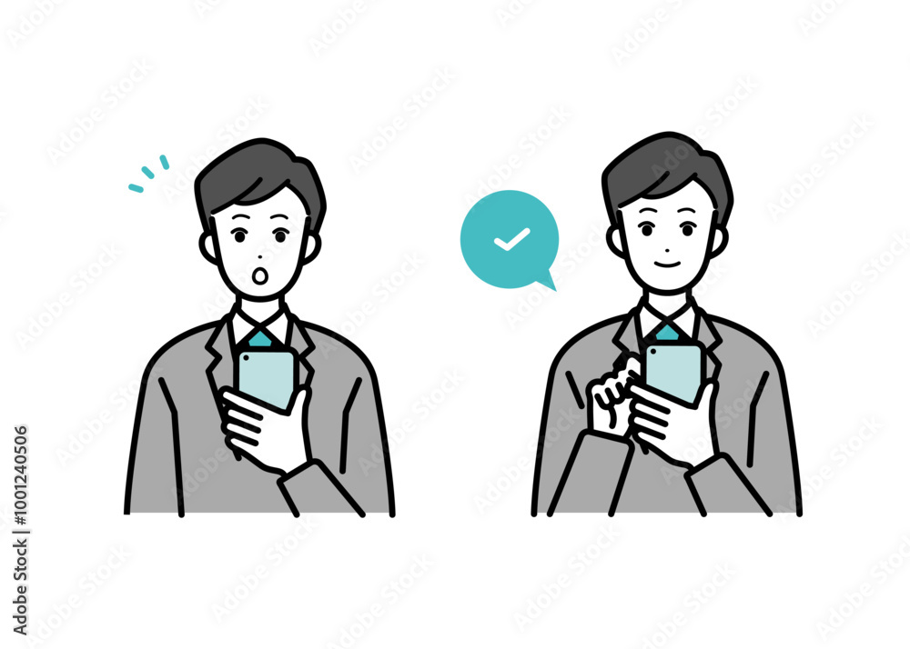 Clip art set of male businessperson clicking smartphone. Clip art set of male businessperson clicking smartphone.