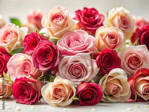 Softly focused, delicate pink and red roses sprawl across a creamy white background, creating a romantic and serene