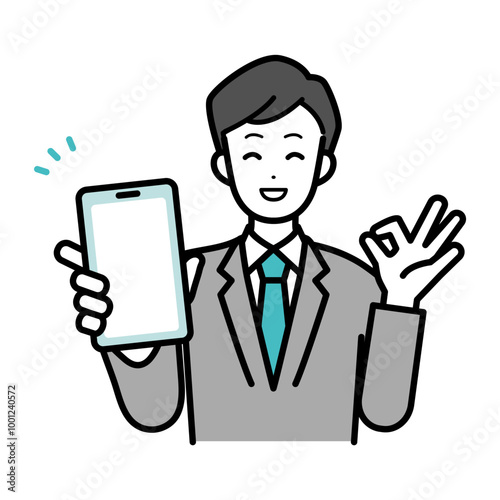 Illustration of male businessperson OK smartphone.