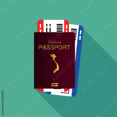 Vector passport with tickets. Air travel concept. Flat Design citizenship ID for traveler isolated. Blue international document - Vietnam